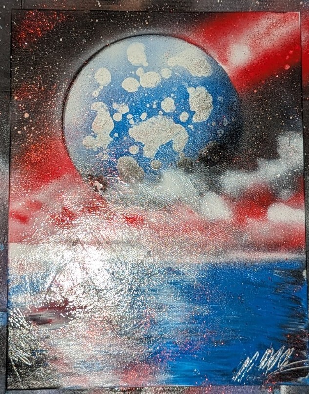 Spray Paint Art. 11×14 Planet Over Water. Canvas, Original Work. Signed.