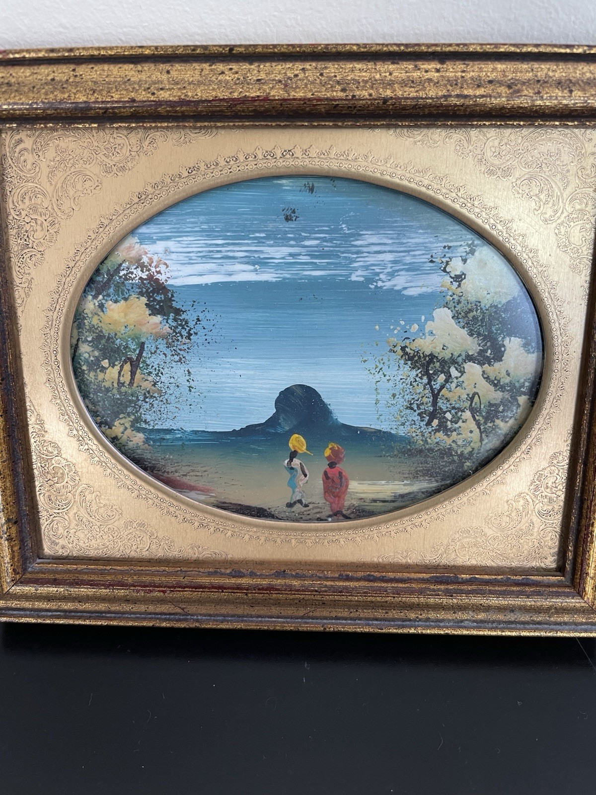 VTG Miniature Hand Painted Landscape 5”x6”in Golden Wood Frame