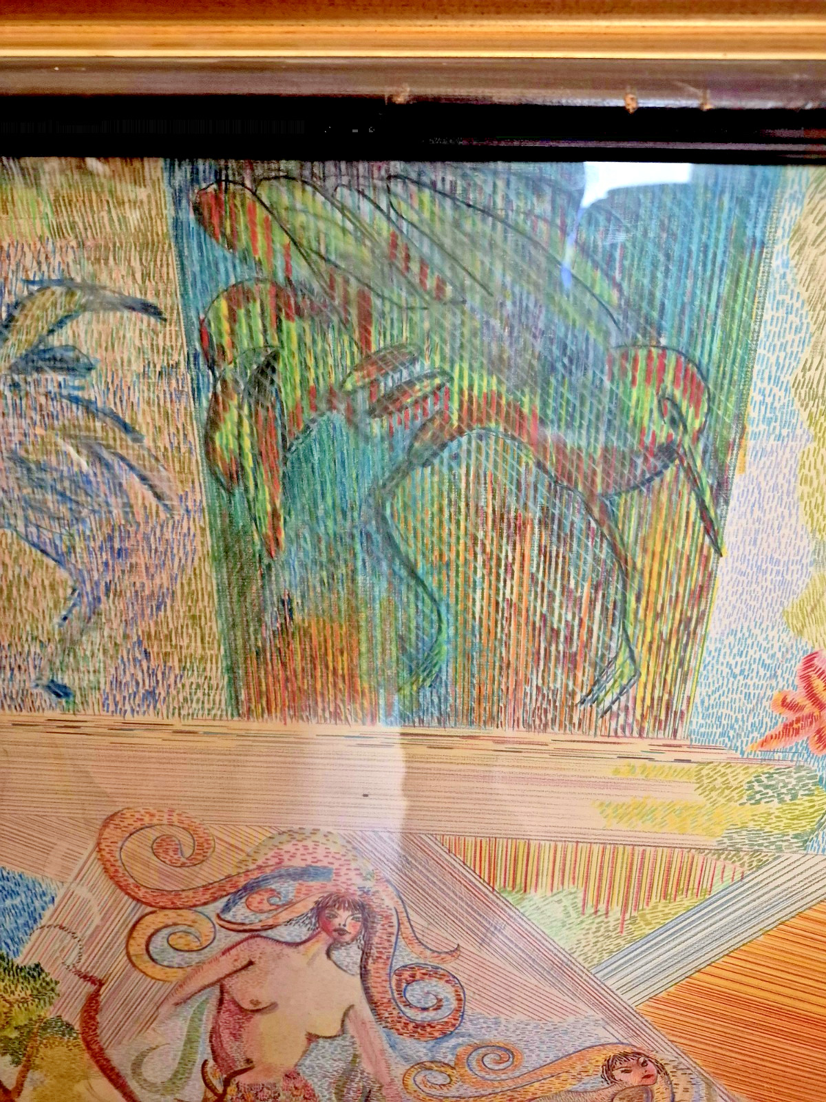 Large 43″ X 36″ Art Painting Colored Pencil Pointillism Mima Trifunovic Mermaids