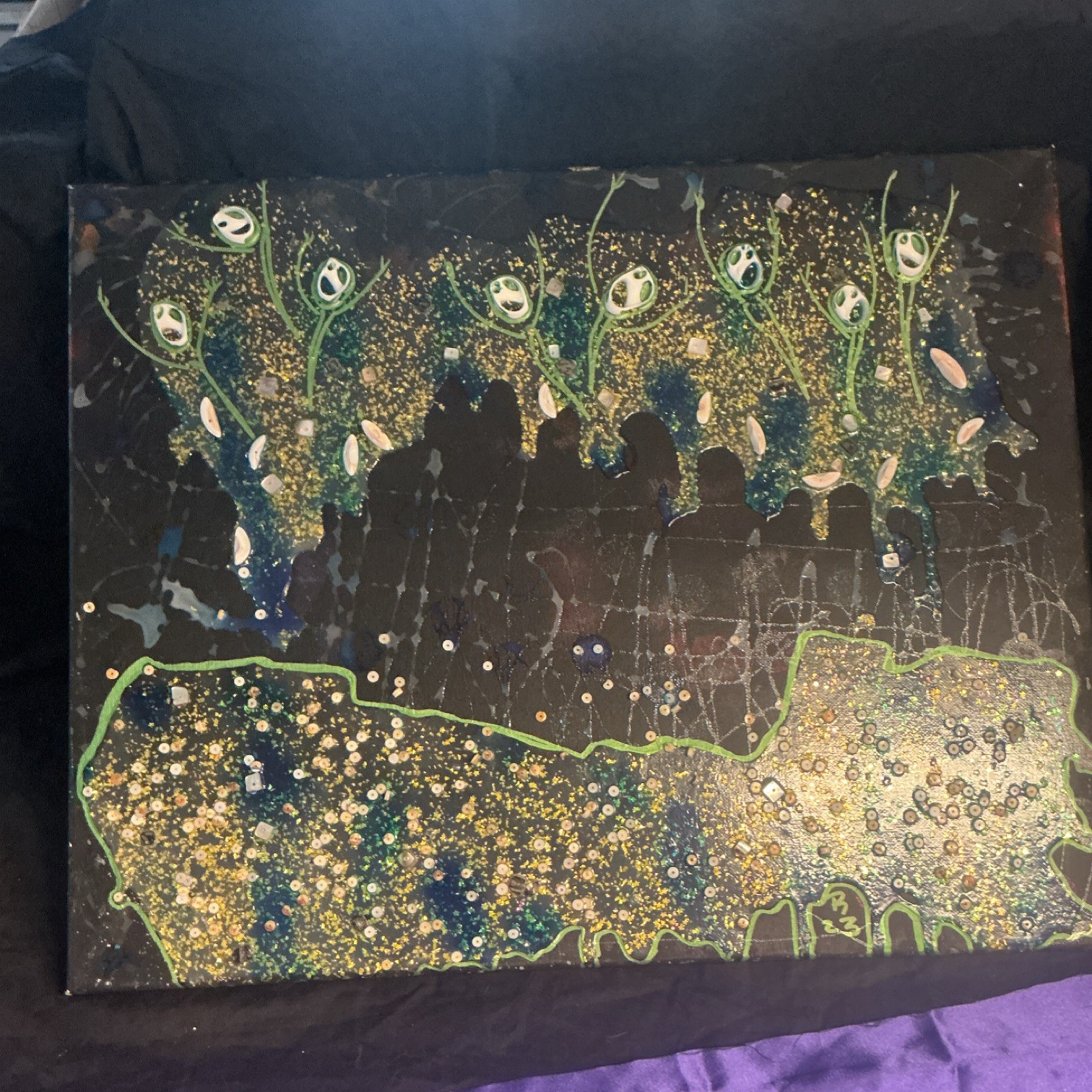 Abstract Acrylic Canvas Painting “S.O.S.” Signed Original 2023 16×20 uv reactiv
