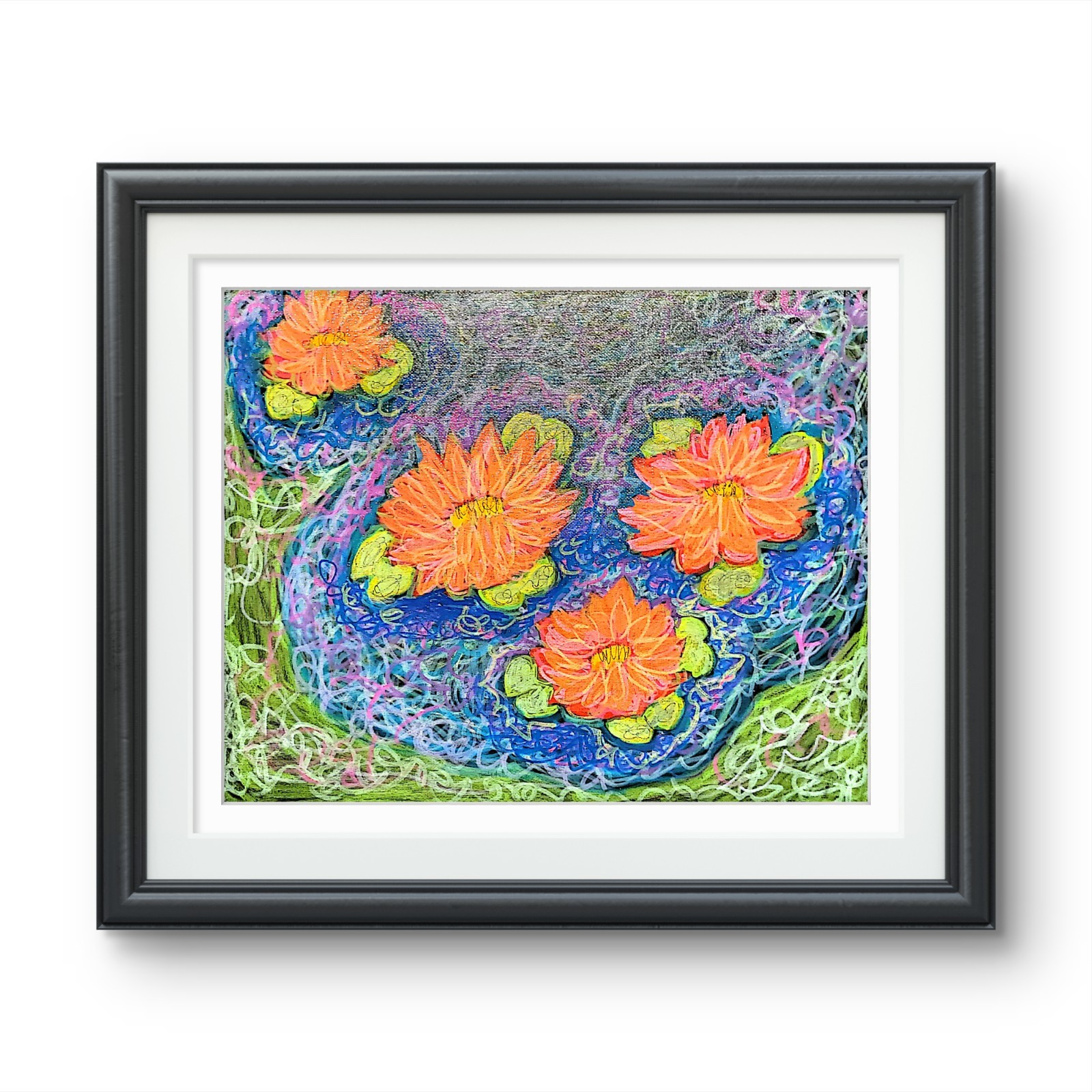 Colorful Water Lily Pond Painting Original Acrylic Floral Impressionist.