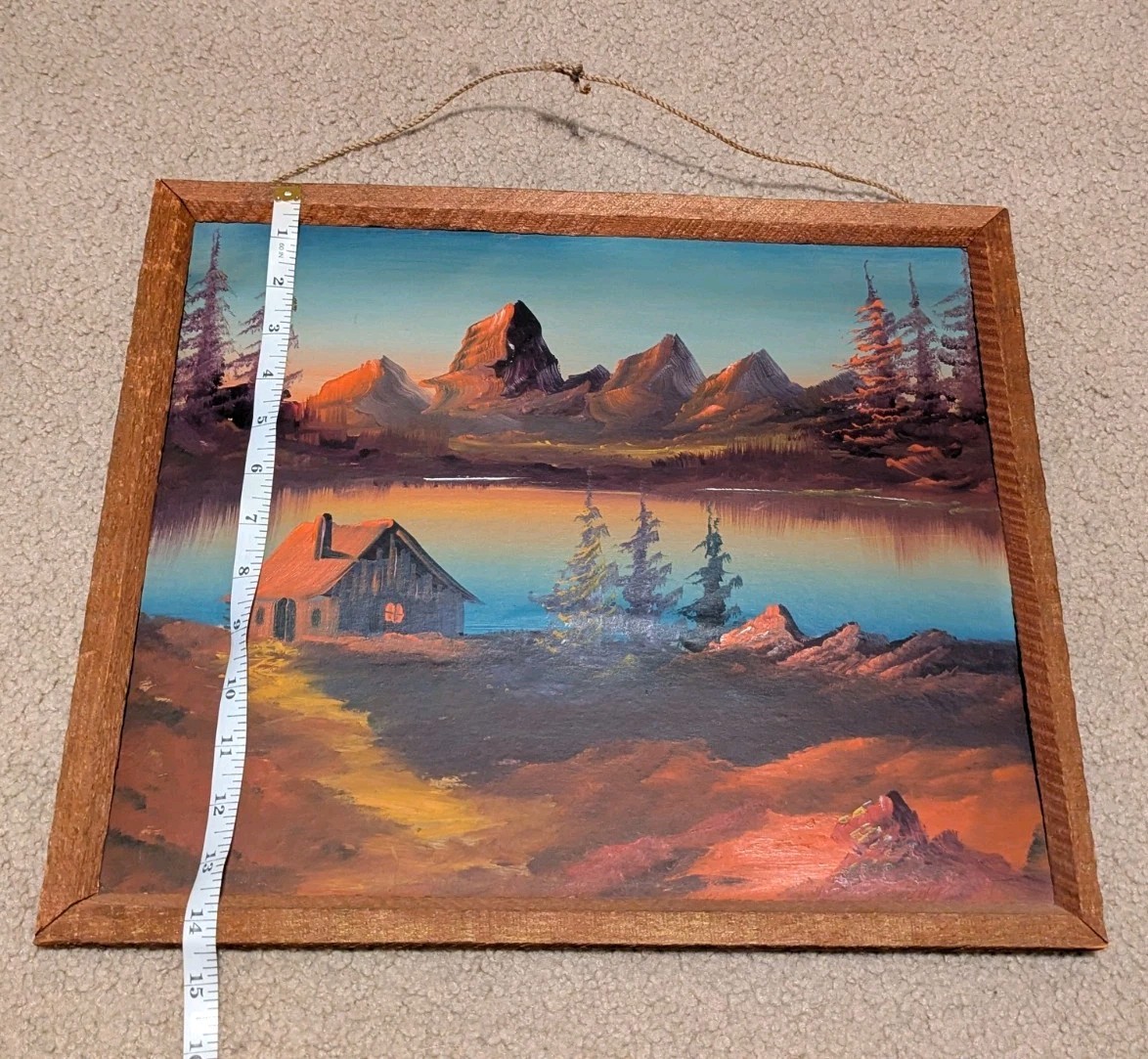 Vtg Primitive Rustic Frame With Painting Cabin Cottage Scene On Pond