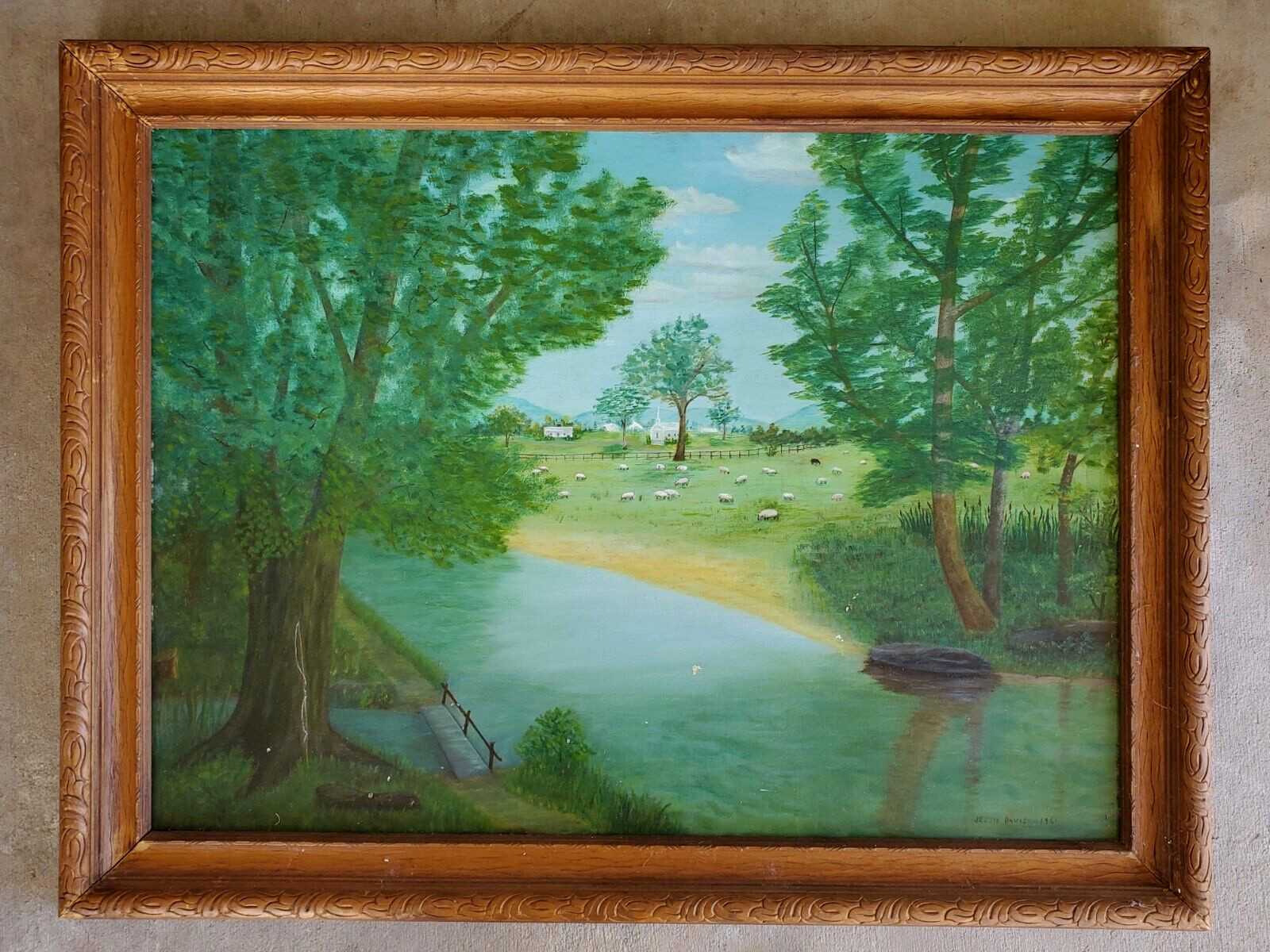 VINTAGE 1960’s AMERICAN FOLK ART ORIGINAL PAINTING BUCOLIC SHEEP FARM LANDSCAPE