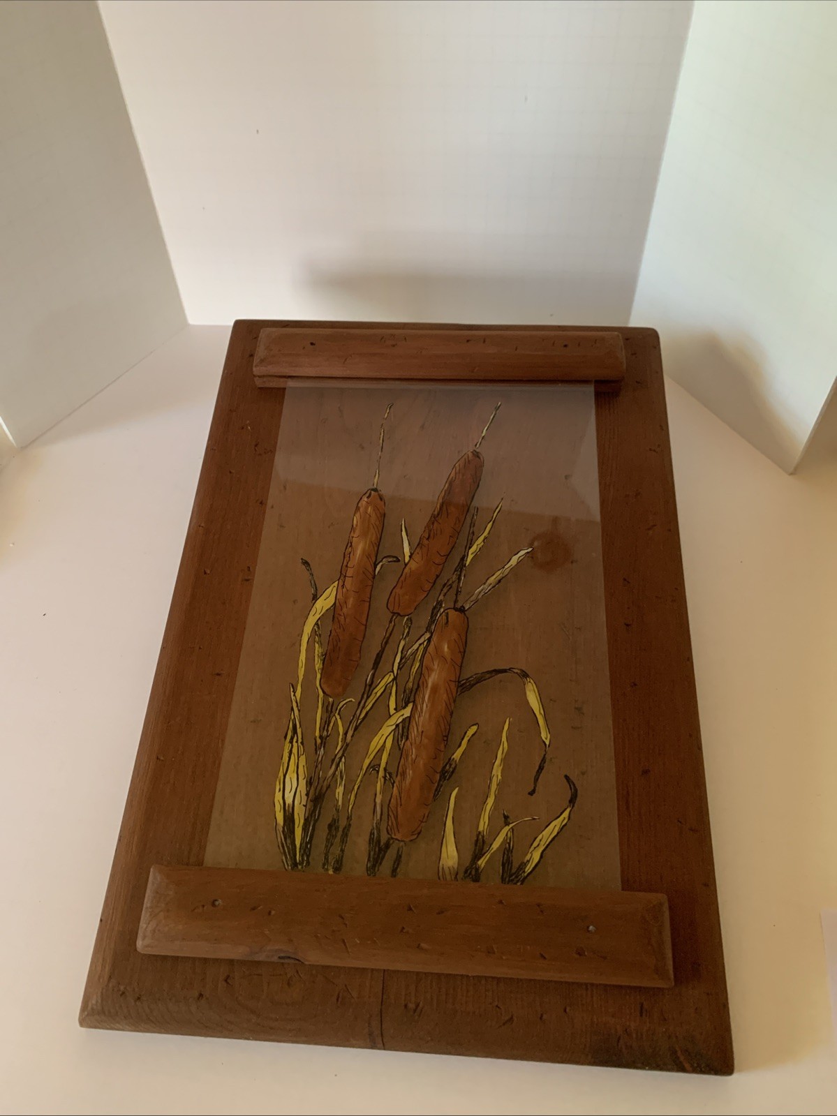 VTG Reverse Painting On Glass Mounted In Handmade Wood Frame Cattails Unsigned