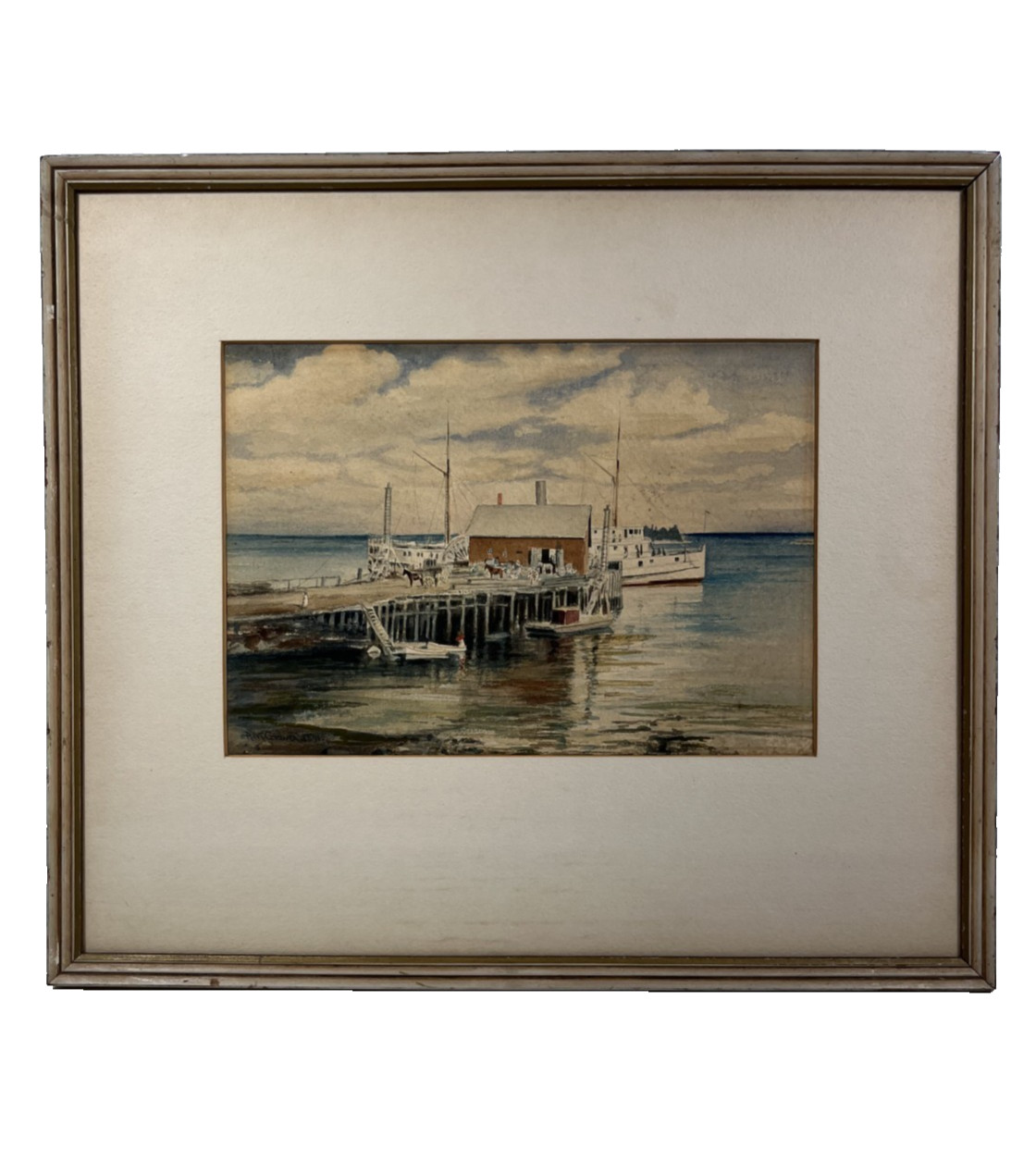 ALBERT GRAVES DATED 1891 MASSACHUSETTS HARBOR STEAMBOAT HORSES ANTIQUE PAINTING