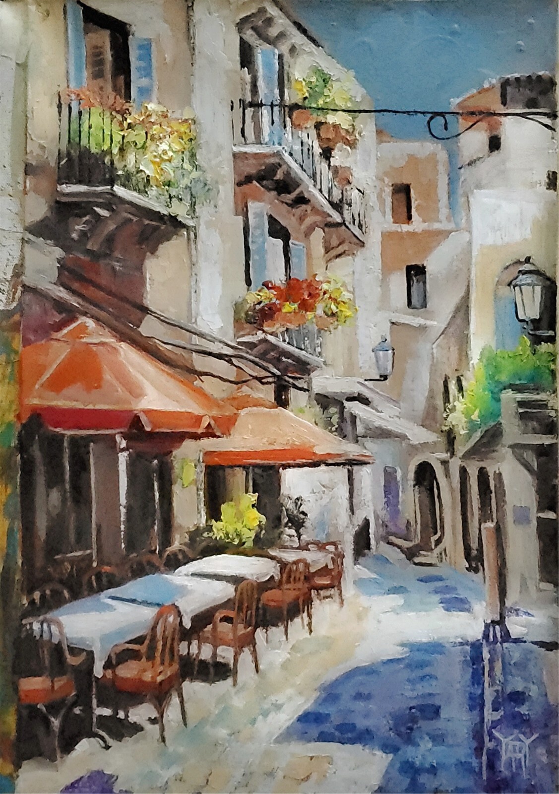 YARY DLUHOS Italy Village Summer Town Alley Cafe Original Art Oil Painting
