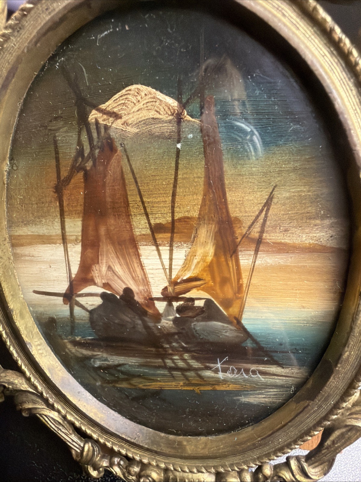 VTG Miniature Oil Painting ~ Tara Productions ~ Brass Frame ~ Made in Italy