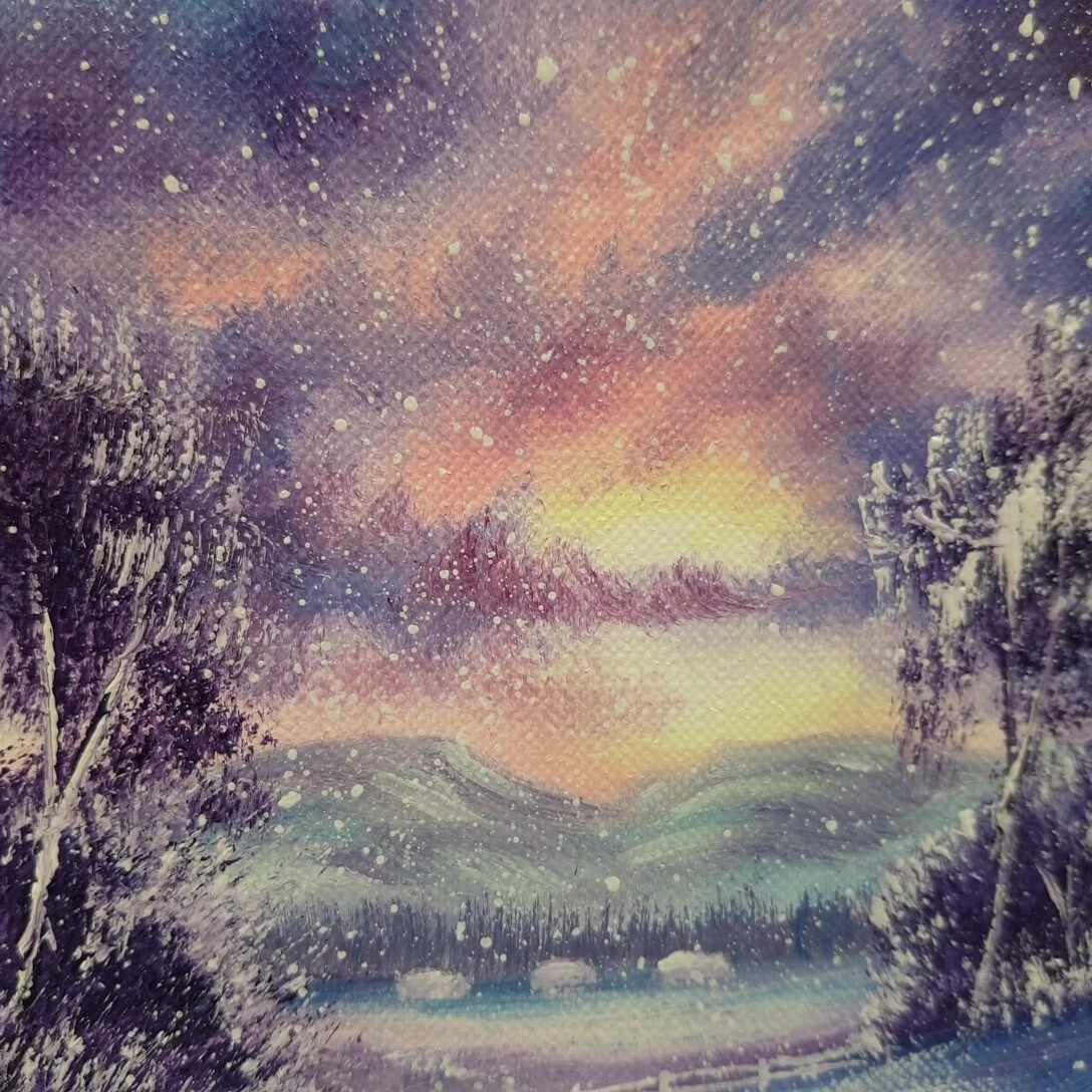 Winter Sunset Snowfall Landscape Cabins Mountains Path Holiday Decor Wall Art