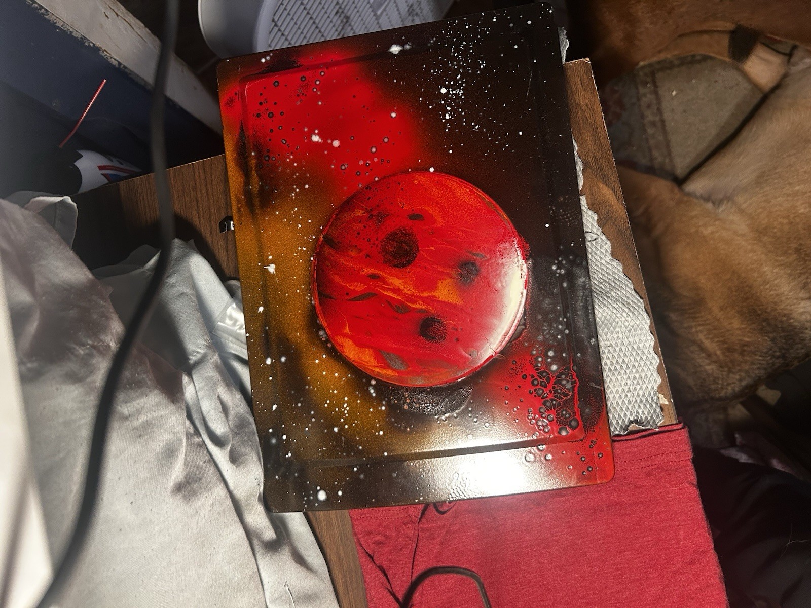 Galaxy Spray Art – Red Planet on Upcycled Lid – Original by NoChalzNo