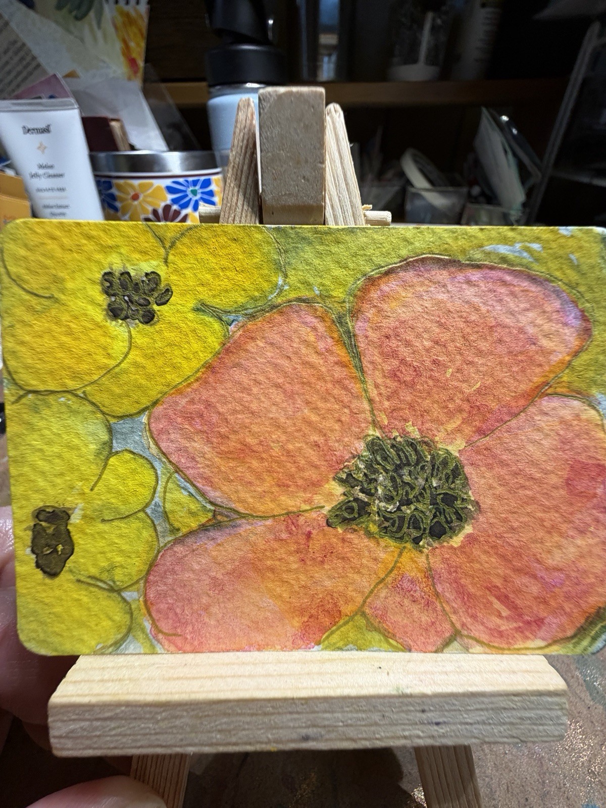 ACEO Original, Signed, Watercolor of Coral Flowers. Artist; one anxious Lady