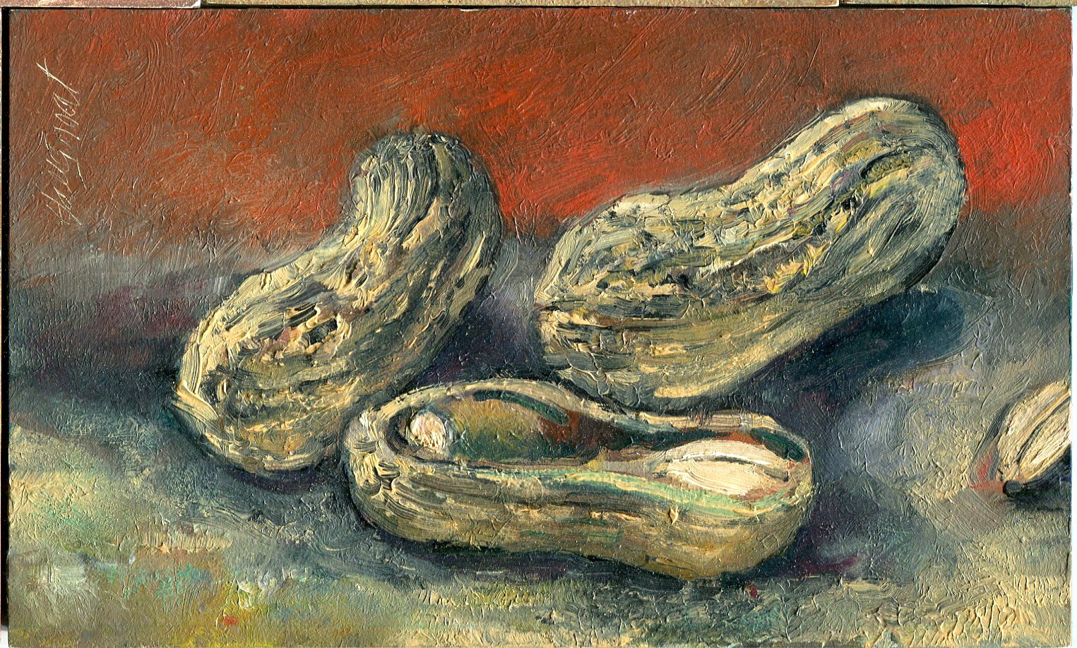 Peanuts 3×5 in. Oil on gessobord archival panel Hall Groat Sr.