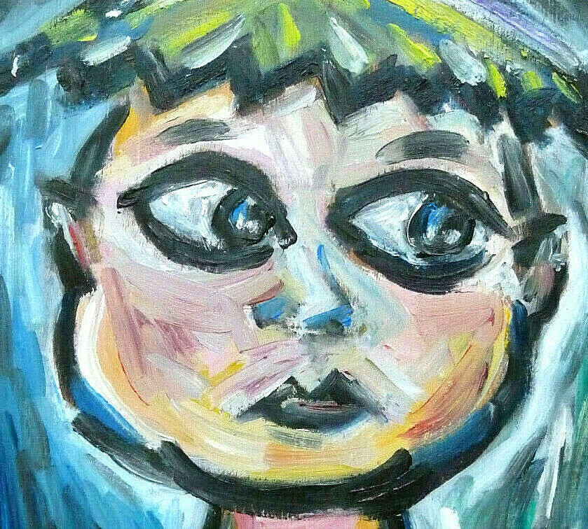 UP TO NO GOOD original funny face 8×10 wood panel oil painting signed Crowell