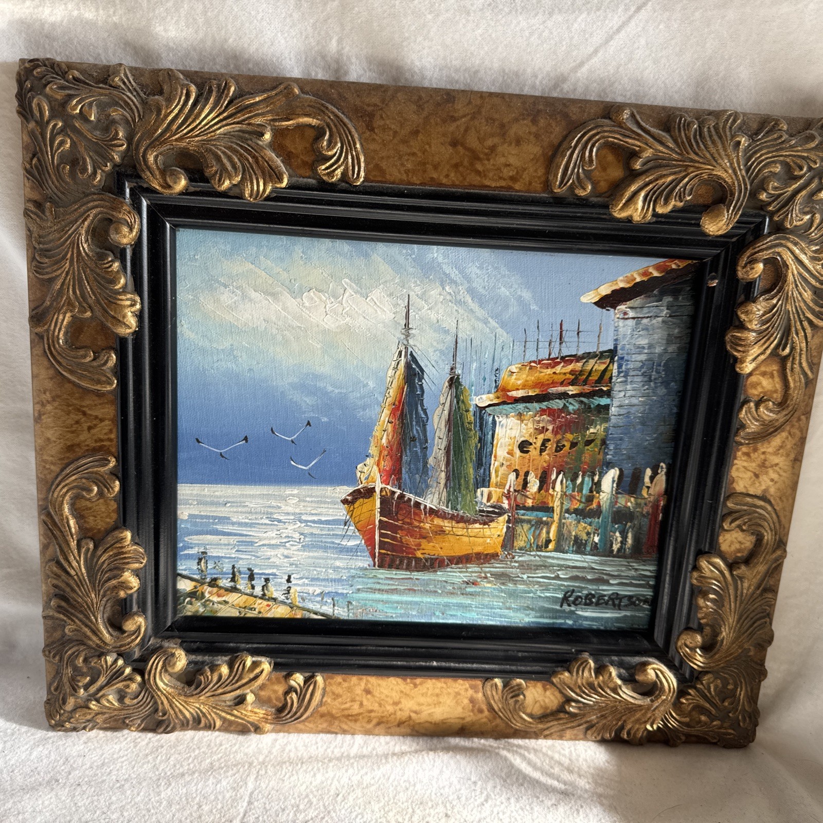 Signed Oil Painting Coastal Seascape Sailboat Cityscape Ornate Frame 14.5x 13”
