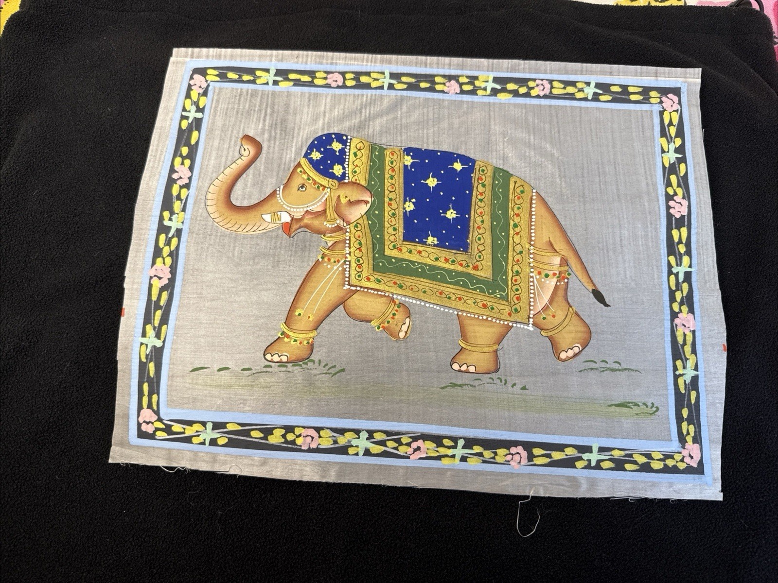 Vintage Silk Fabric Hand Painted Elephant Trunk Up See Disc.
