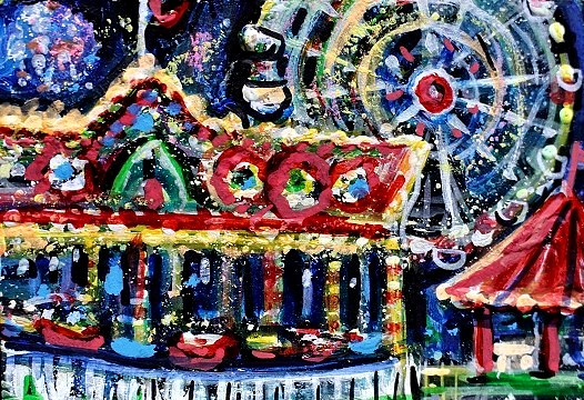 ORIGINAL ACEO Painting CARNIVAL Fair Amusement Park Ocean City Rides Fun ATC ART