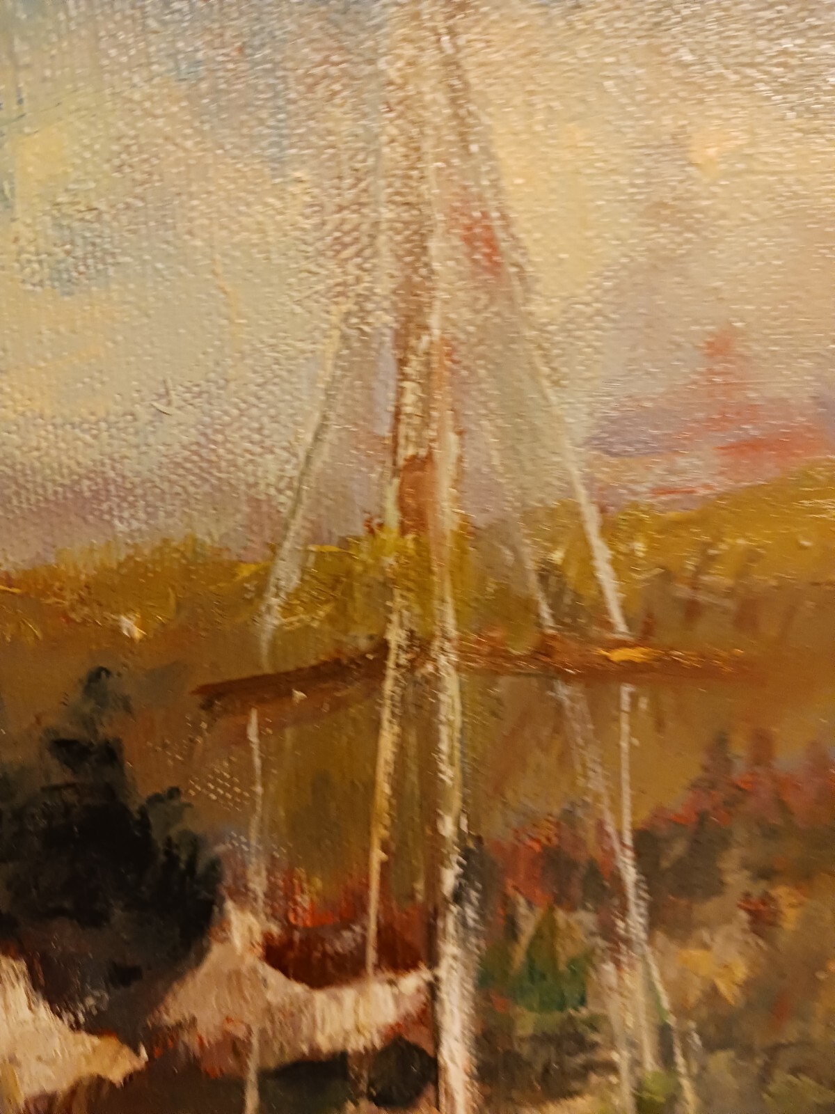 Vintage sailboat painting ,impressionism gold gilt frame, signed initials l.r.
