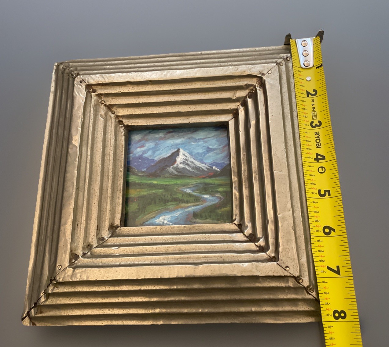 Vntg Small Landscape Painting Original Mountain River Handmade Metal Frame