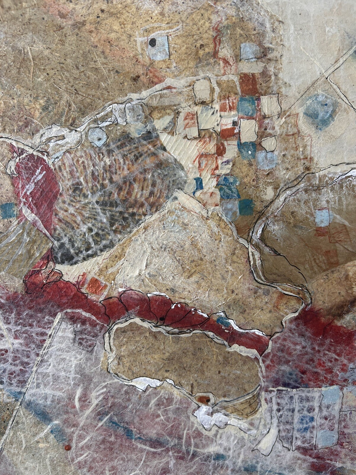 MCM Modern Abstract Oil Mixed Media Collage Ink Splatter Art Canvas 28”x28”