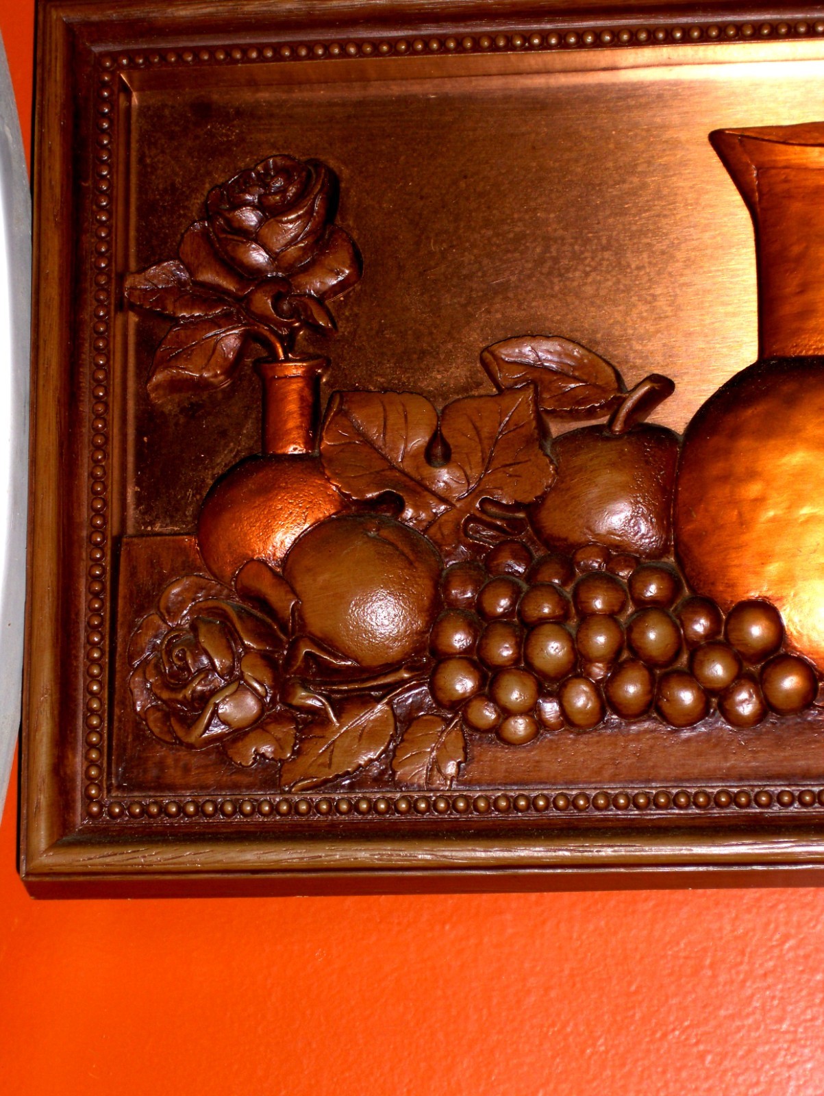 ORIGINAL VINTAGE Pitcher Fruits Rose Still Life Painted Copper like Metal Art