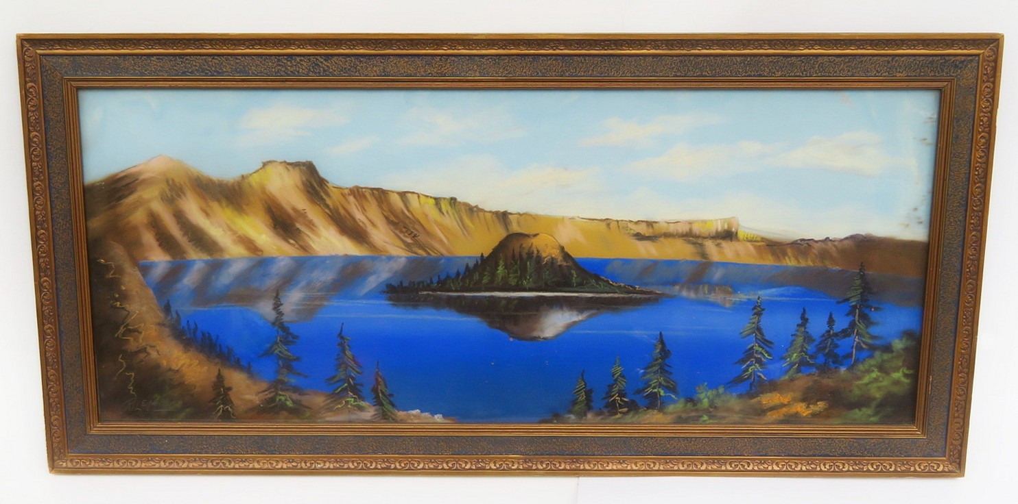 Oregon Artist Robert LeMon Circa 1920-30s Original Pastel of Crater Lake 10×24
