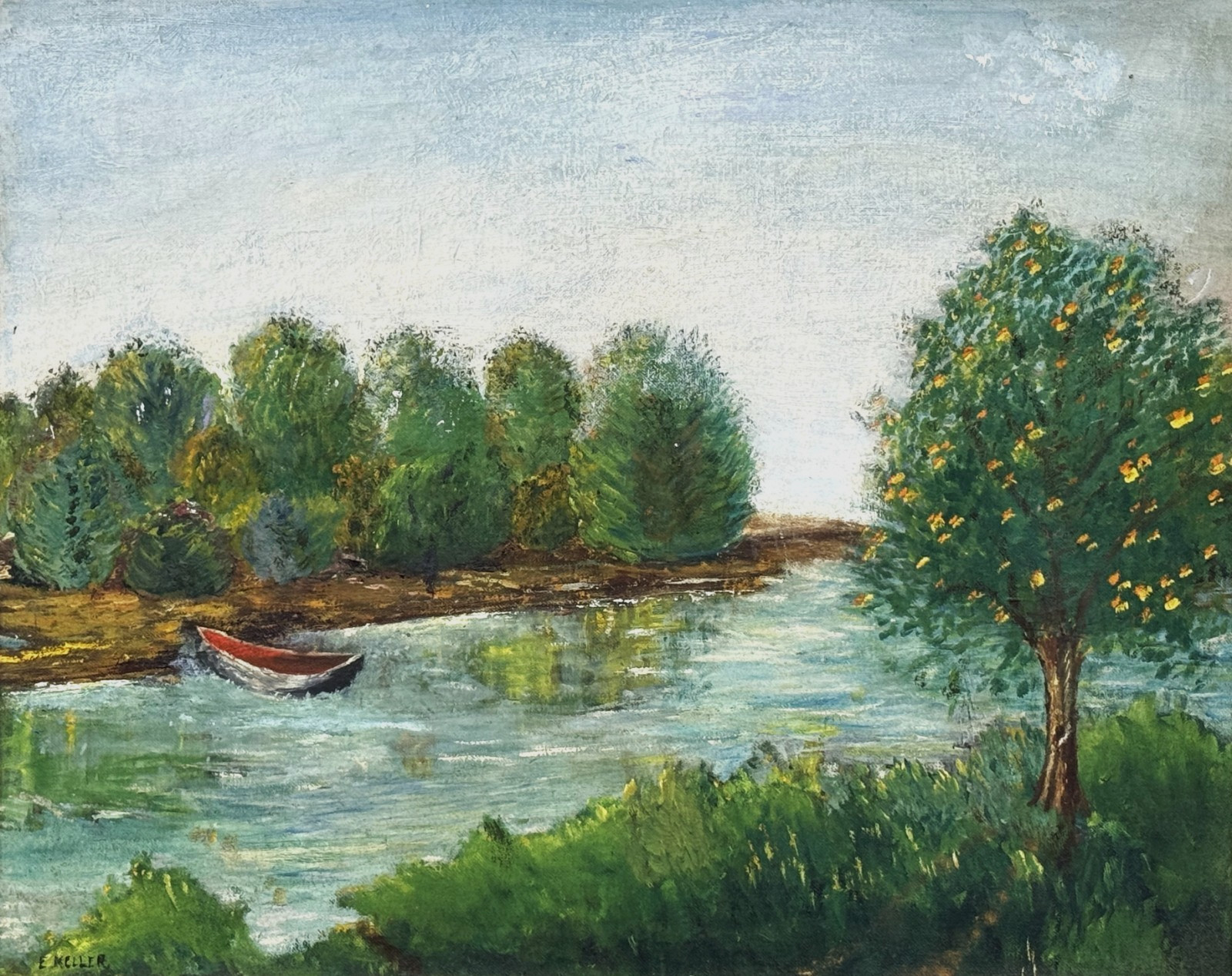 VTG Early 20th C Origin. Impressionistic O/B «River Landscape» Signed E. Keller!