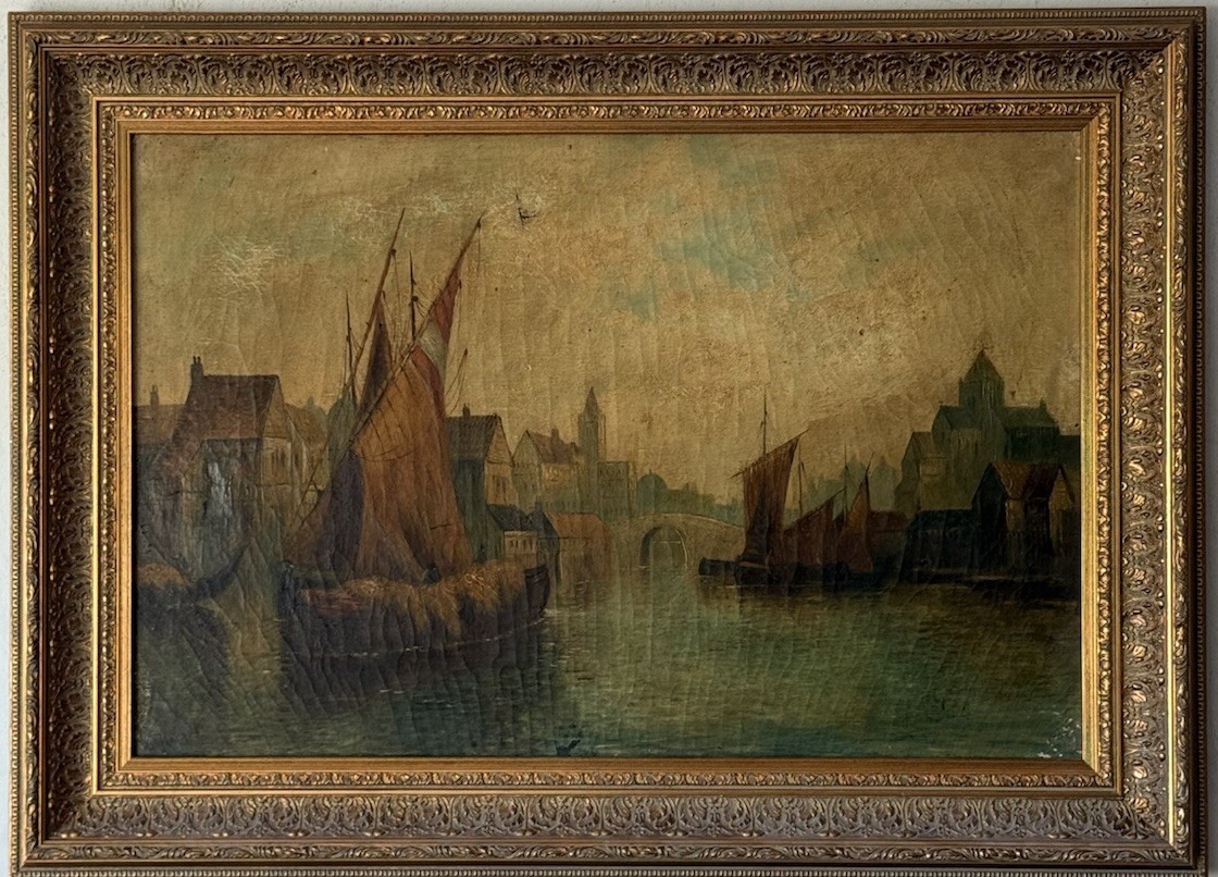 H KNIGHT ANTIQUE 19TH CENTURY BRITISH SEASCAPE LANDSCAPE OIL PAINTING OLD SHIP