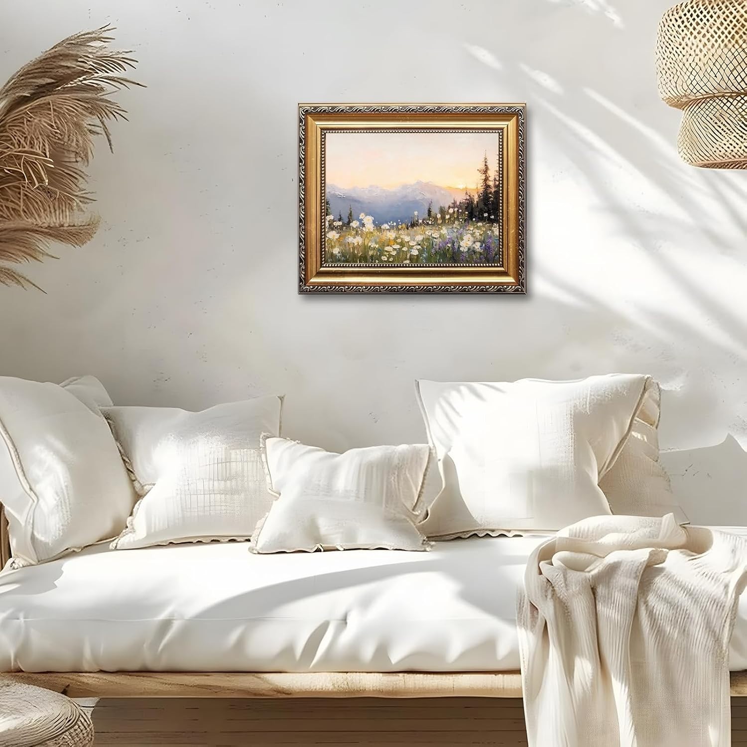 Vintage Wildflower Sunset Mountain Wall Art Retro Floral Landscape Oil Painti…