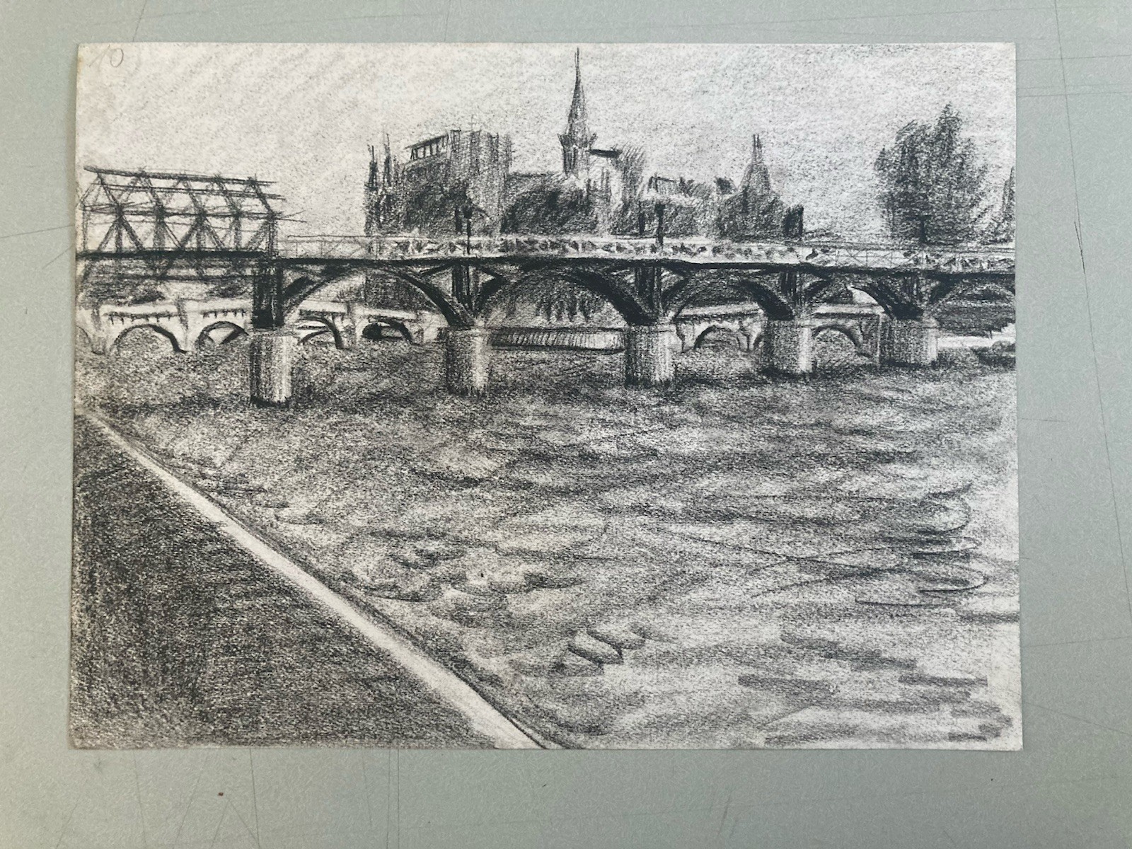 1970 Charcoal Drawing on Paper Paris Seine Quay Notre-Dame Pont Neuf Urban Art