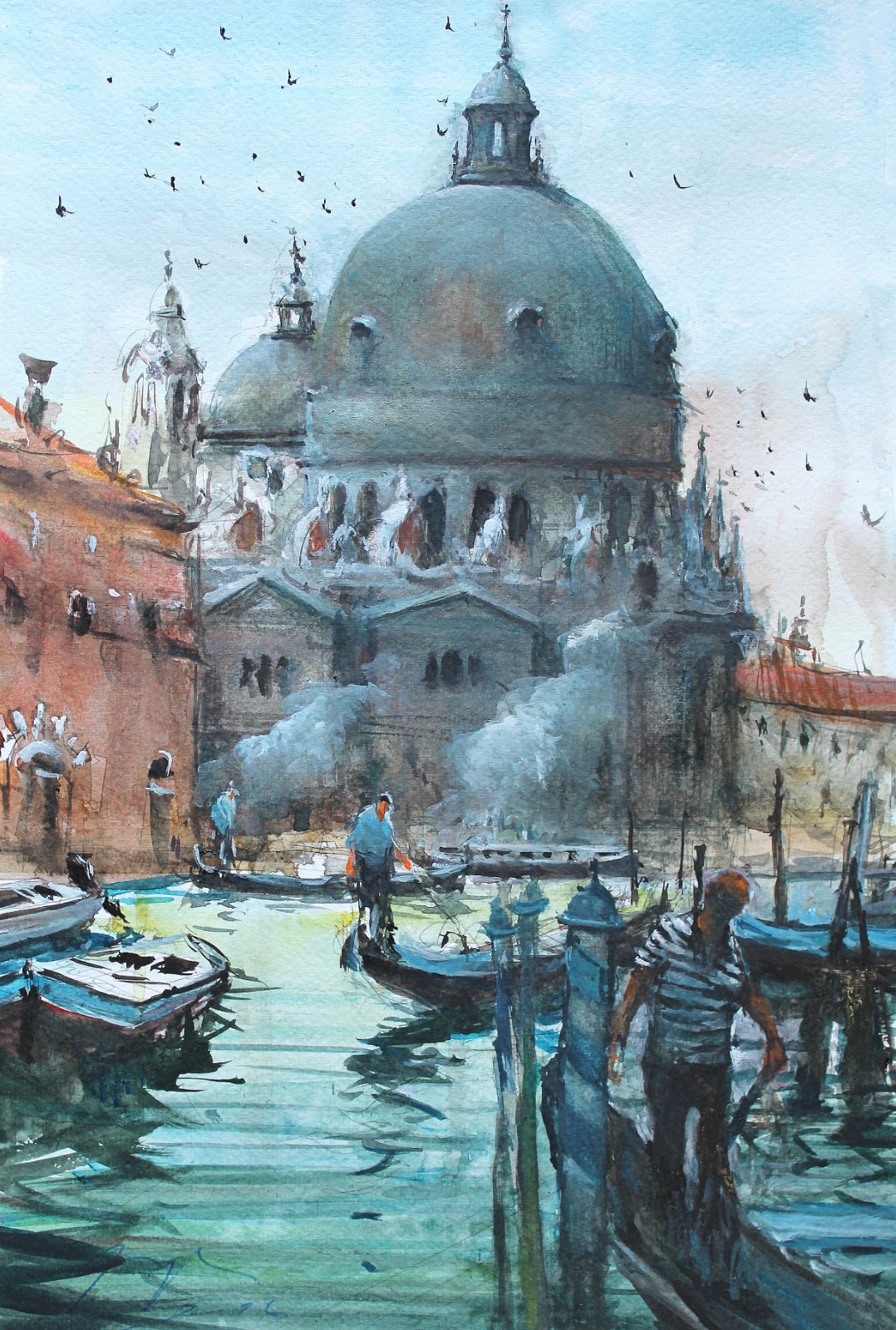 ORIGINAL PAINTING WATERCOLOR VENICE ITALY CANAL GRANDE GONDOLAS 16»x 10.5»in