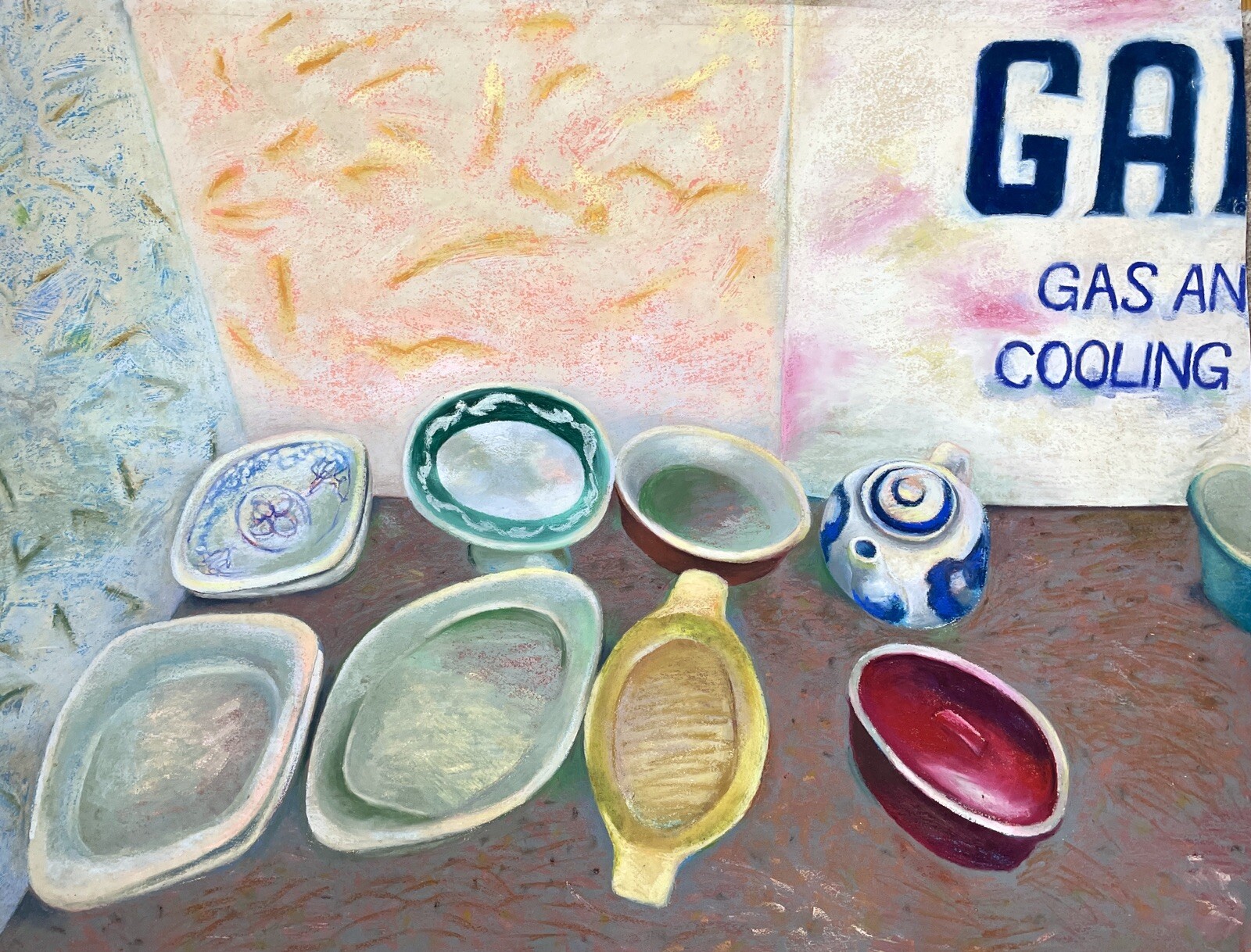 Expressionist Still Life With Dishes Pastel/Acrylic on Rag Paper by Kathie Brown