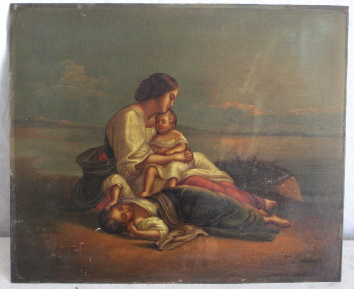 ANTIQUE OIL PAINTING AFTER M ROHL FAMILY BY THE SEA MOTHER CHILD BABY