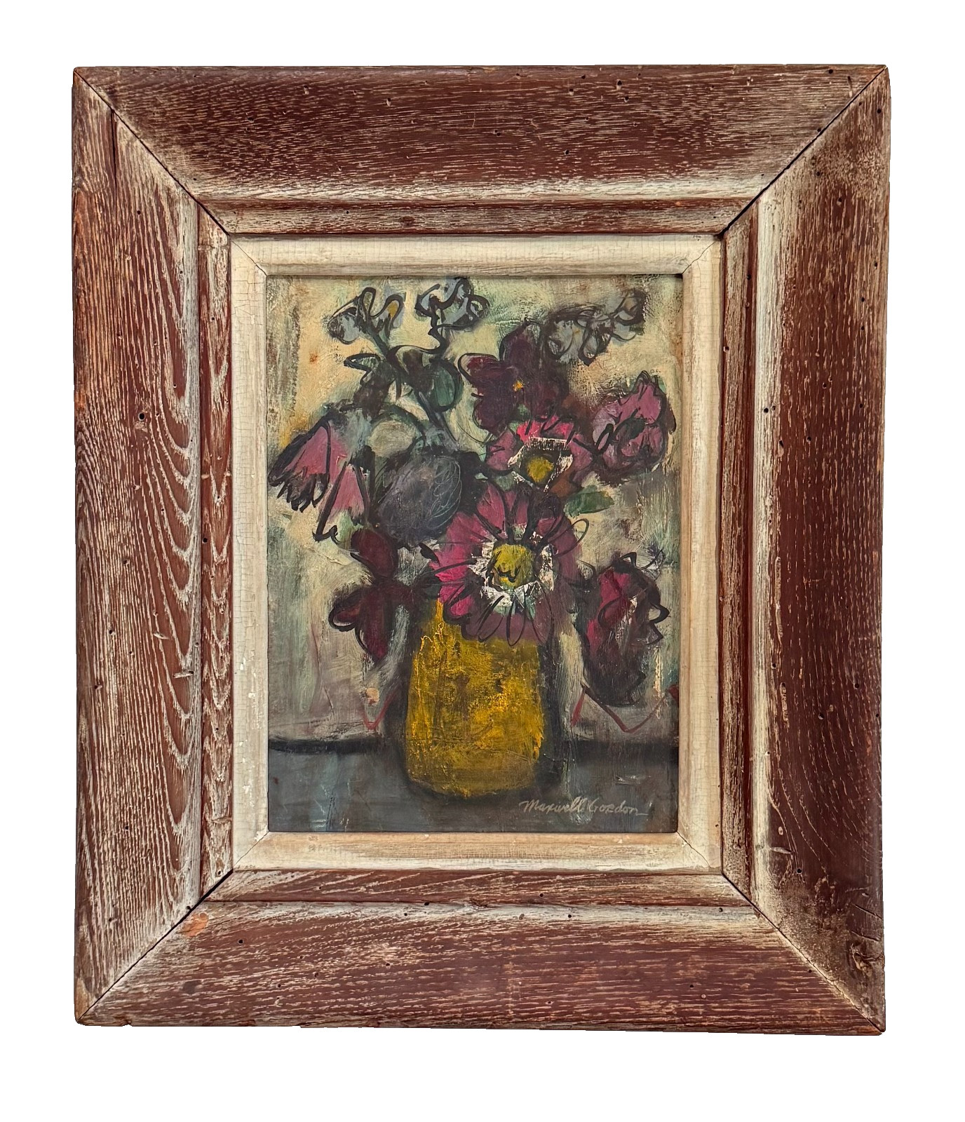 A mid century modern still life oil on masonite in the original chestnut frame
