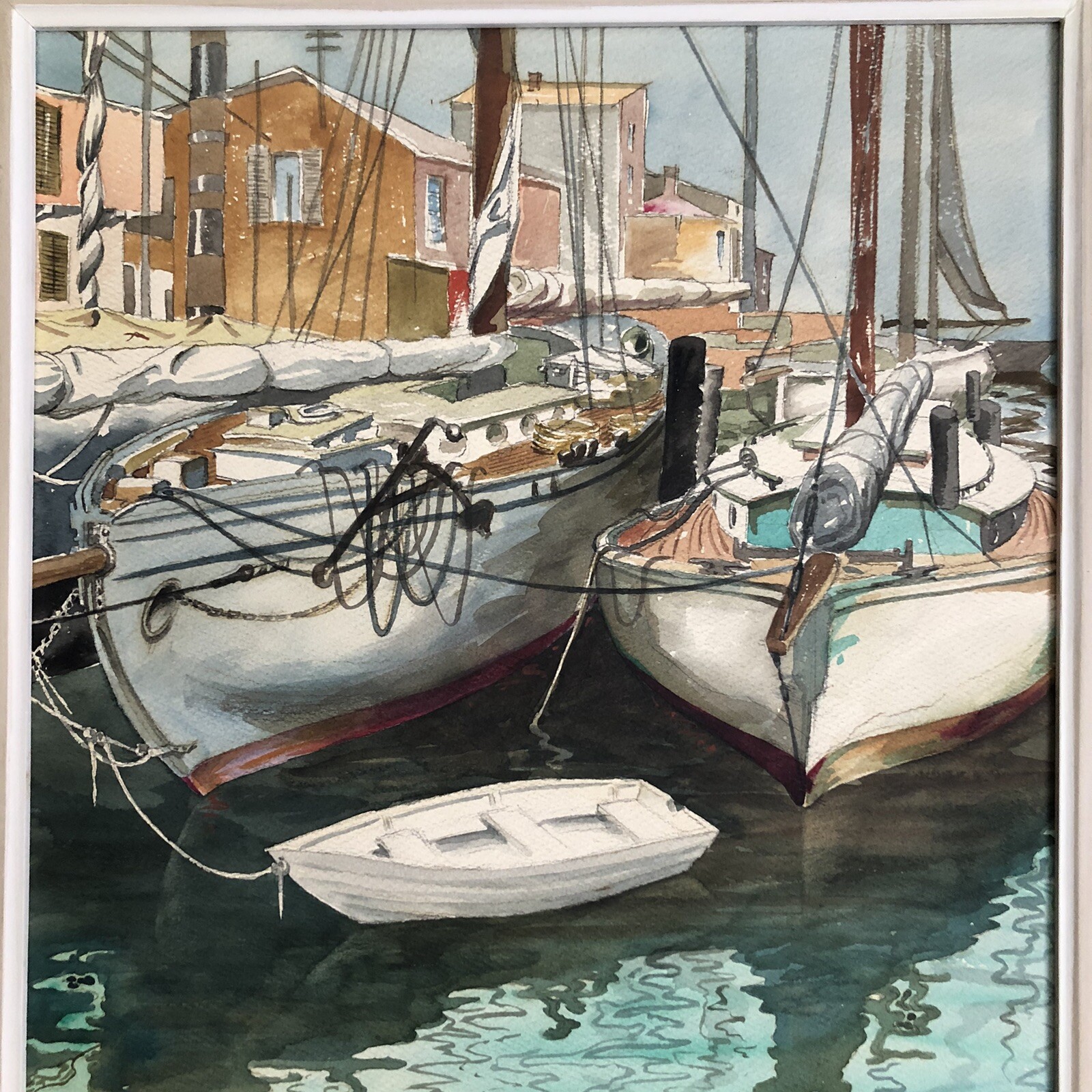 Schneider Signed Custom Framed Art Watercolor Docked Sailboats Ripple in Water