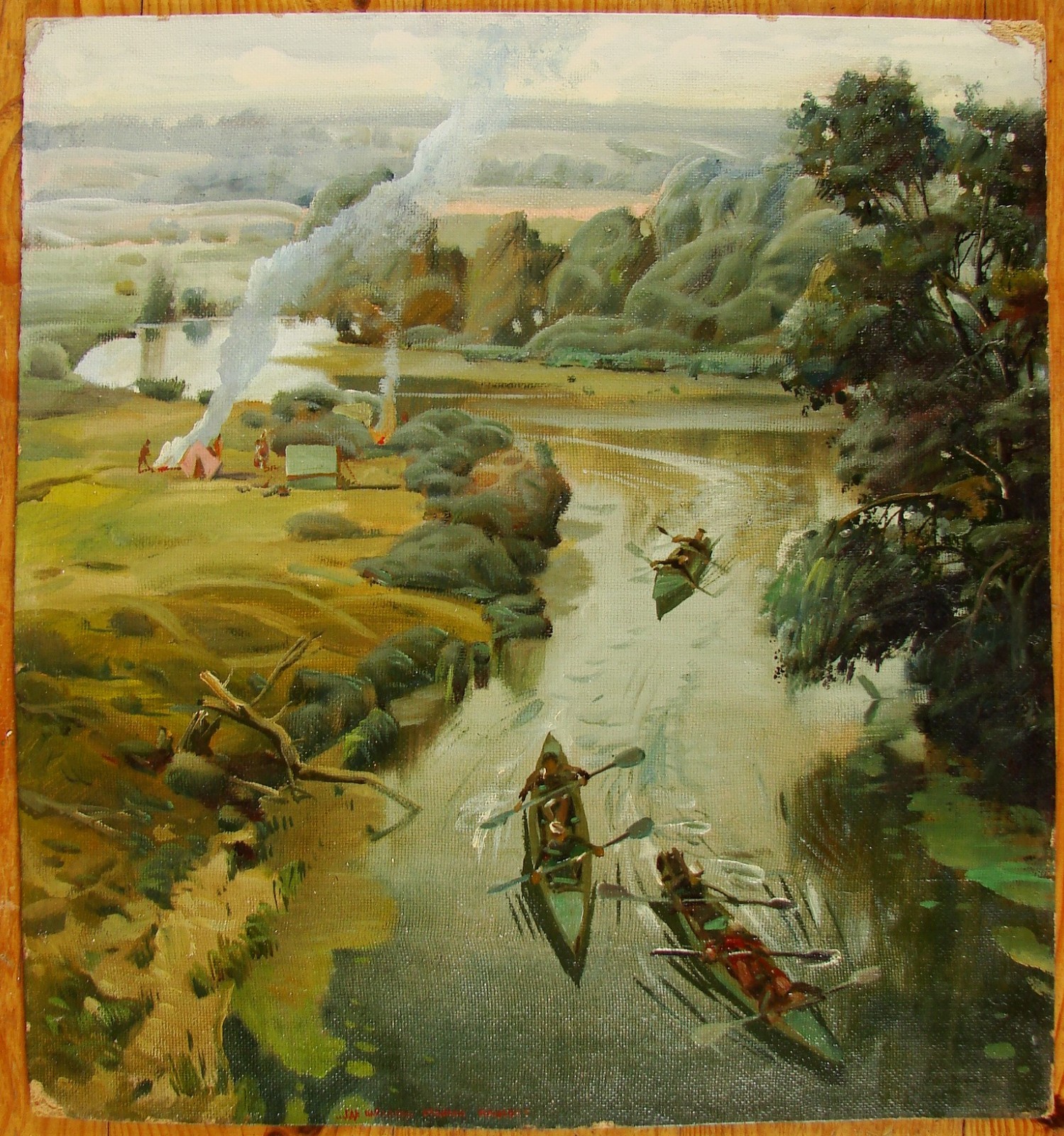 Ukrainian Soviet USSR oil painting impressionism realism river kayak boat rest