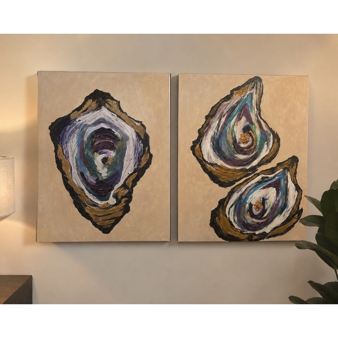 Oyster Canvas Set Art Unisex OS Gold Purple Excellent Impasto Coastal