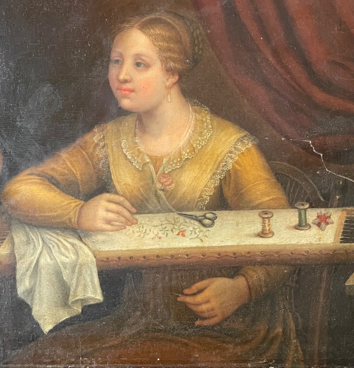 RARE 18th Century Dutch Oil Painting – Woman Embroidering – Antique Portrait