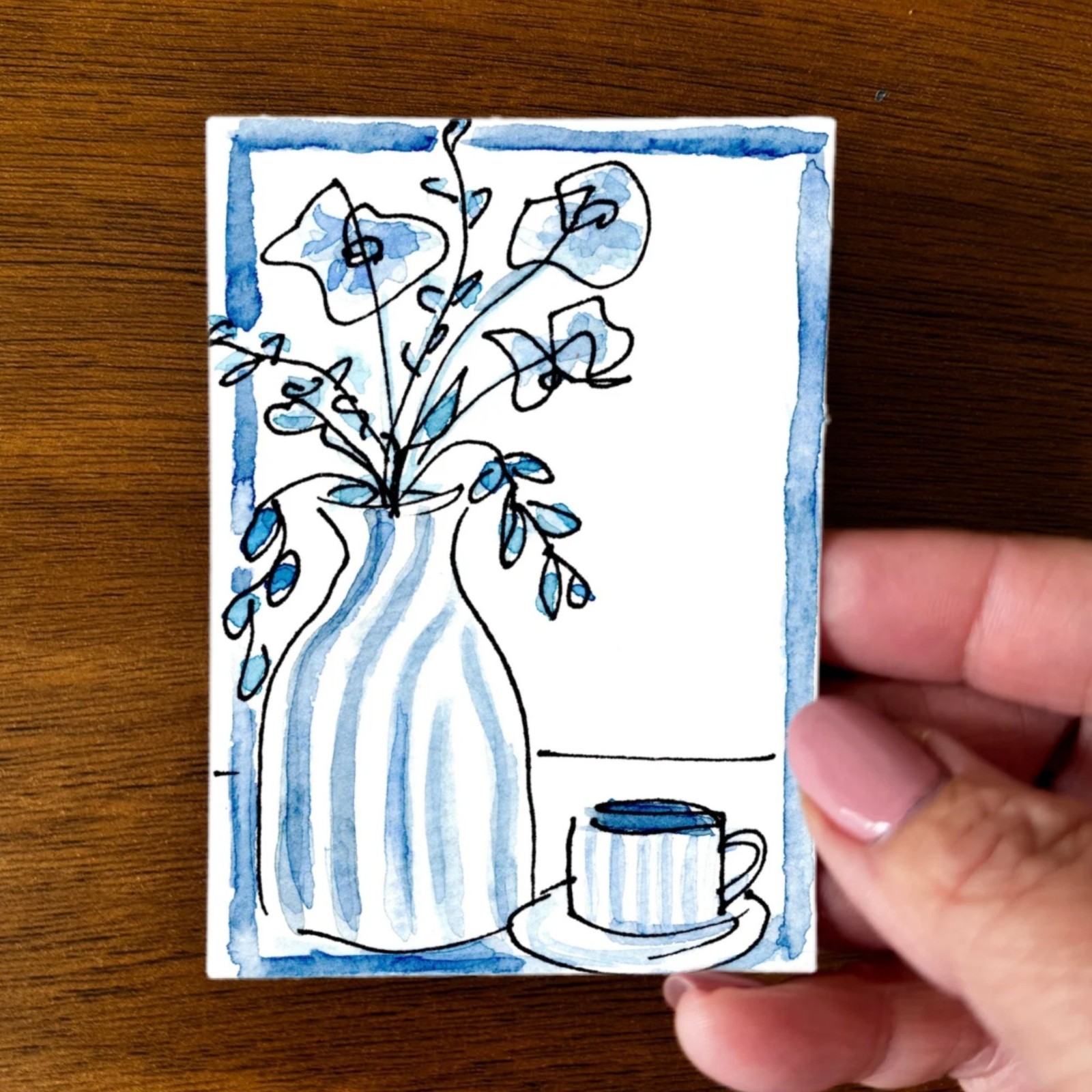 ACEO PRINT Blue & White Vase & Flowers Watercolor Archival Signed Tanya Watson