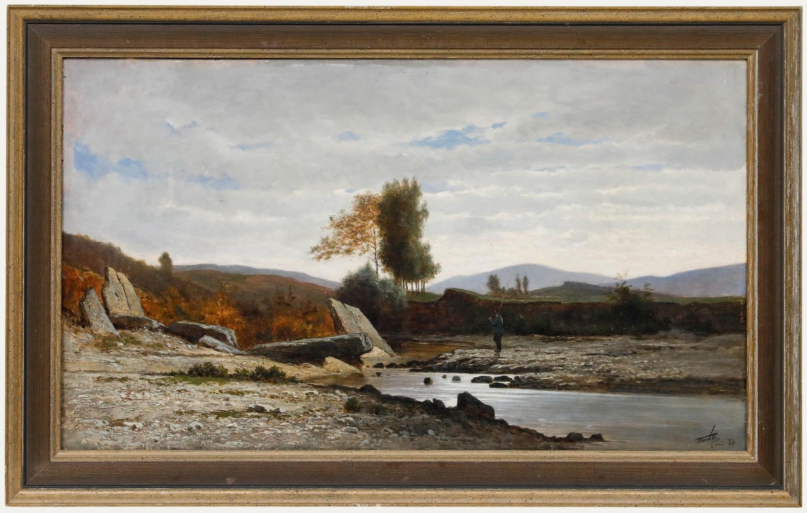 Horace Antione Fonville (1832-1914) – Framed Oil, Angler on the Rocky Riverbed