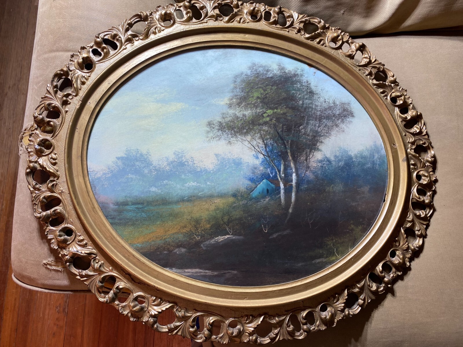 Stunning Antique Oval «Cabin In Forest Landscape Scene» Pastel Painting – Framed