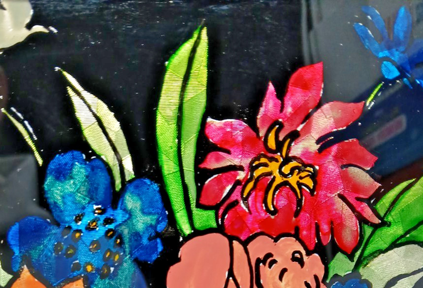 VINTAGE 1958 TINSEL REVERSE GLASS FRAMED PAINTING FLORAL BOUQUET FOLK ART NICE