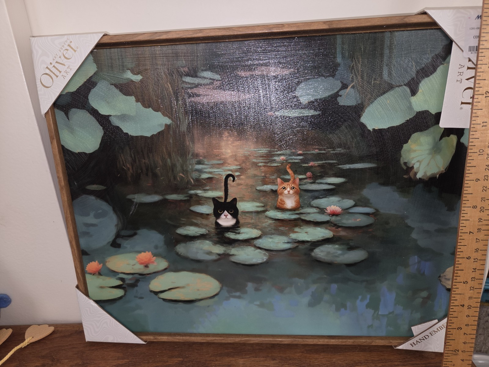 RARE PRINT Orange Tabby Cat & Black Cat in Pond Wall Art Claude Monet Inspired