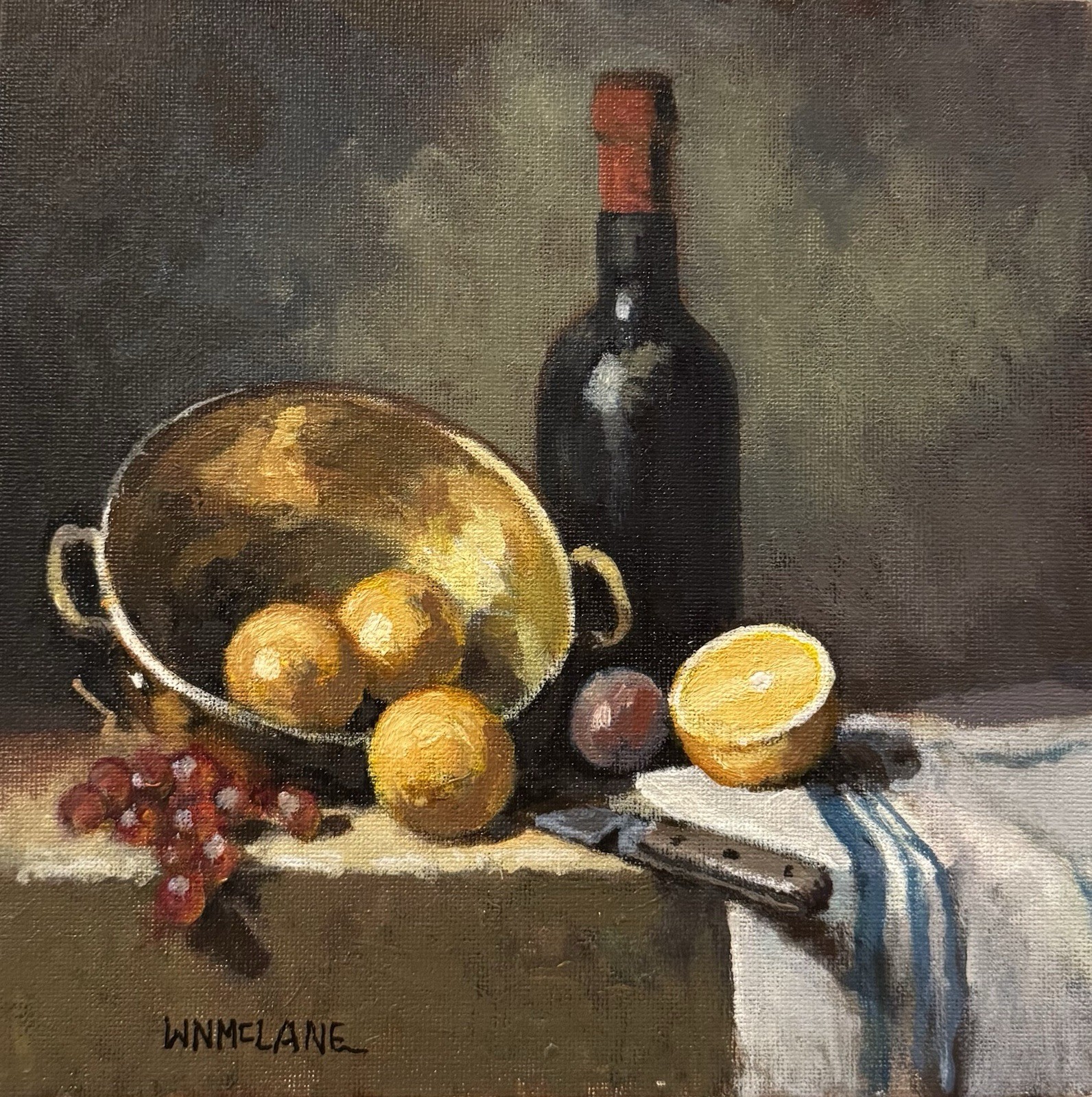 Original New Realism Still Life Brass Bucket Bottle Oranges Grapes Oil Painting