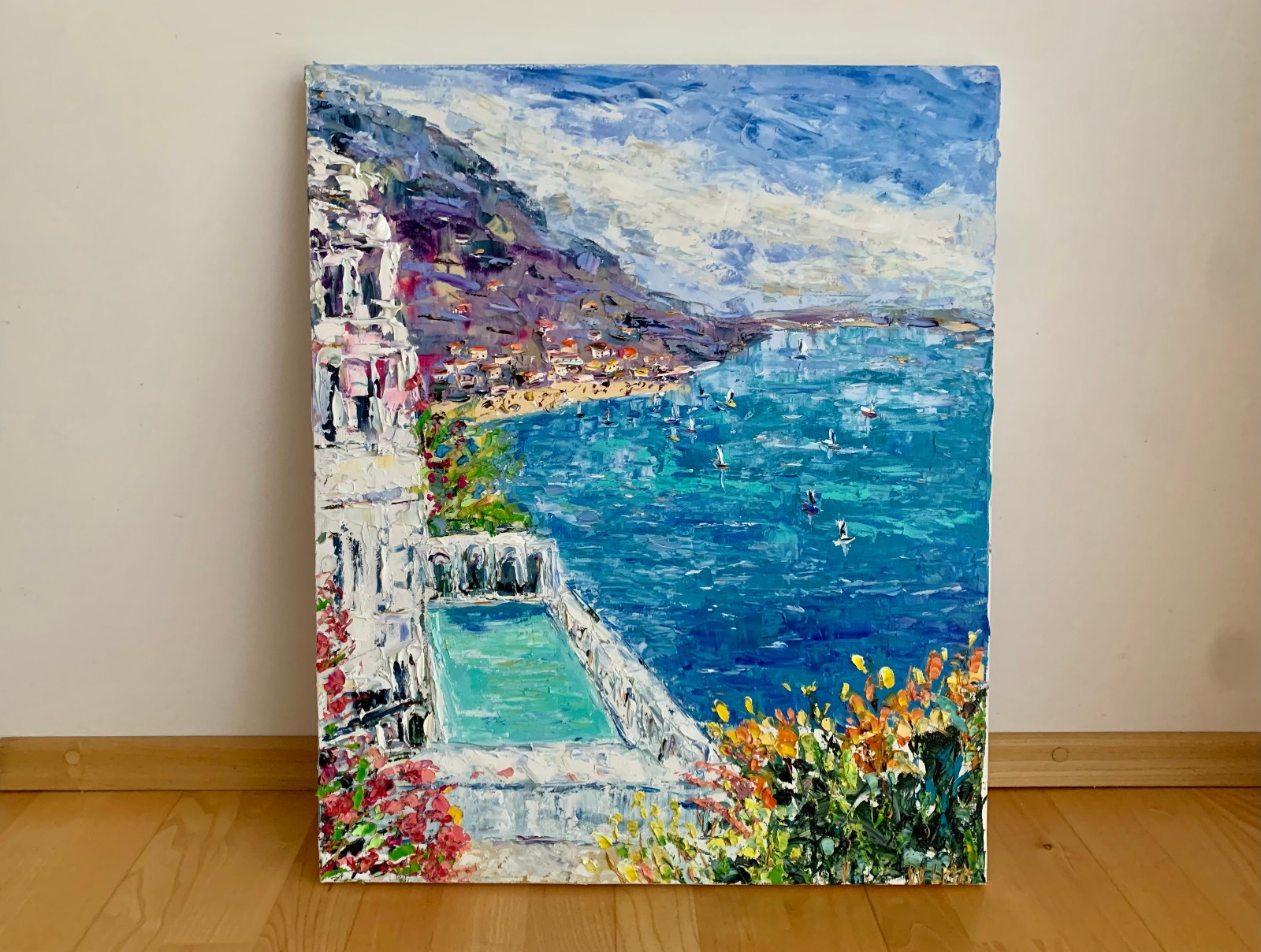 French Riviera Landscape Impasto Oil Painting On Canvas Villa with Pool Artwork