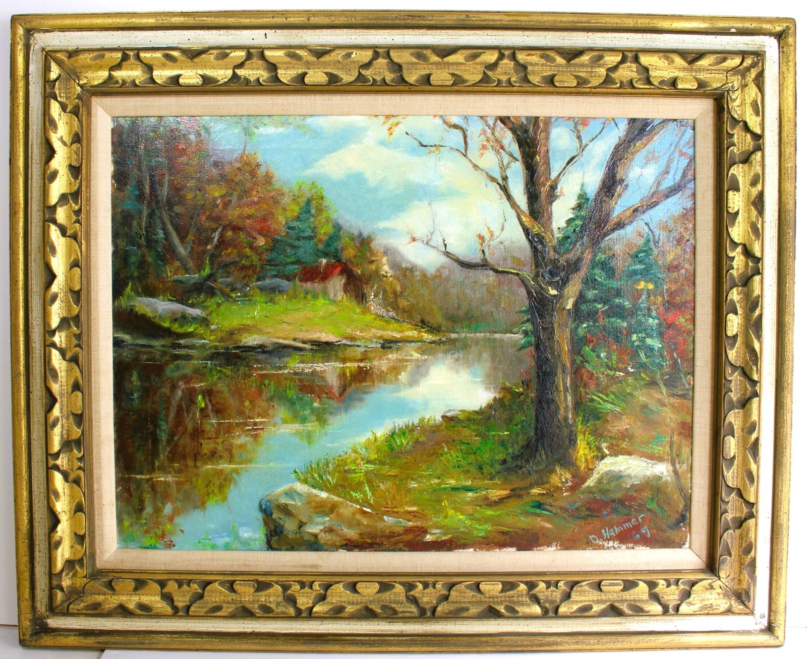 VINTAGE OIL PAINTING CANVAS 1969 SIGNED HAMMER END MID CENTURY LANDSCAPE RIVER