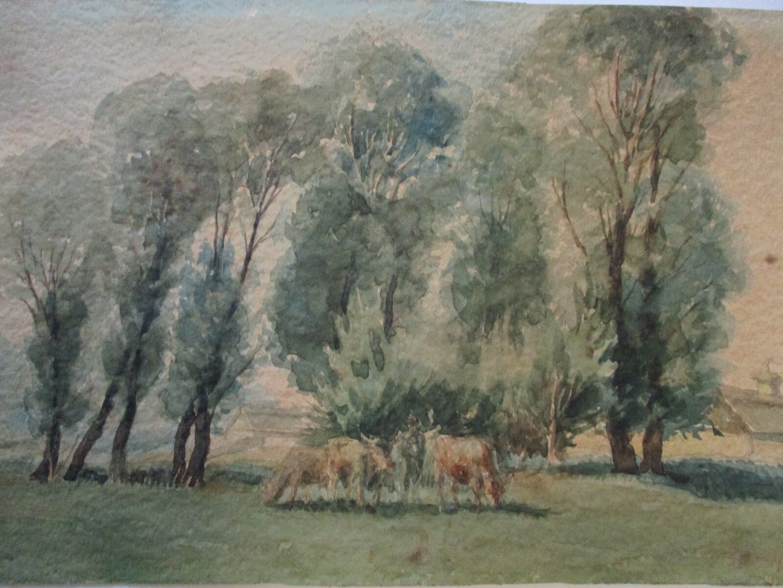 ANTIQUE IMPRESSIONIST PAINTING SMALL GEM MASTERFUL MAN COWS FARM LANDSCAPE 1910