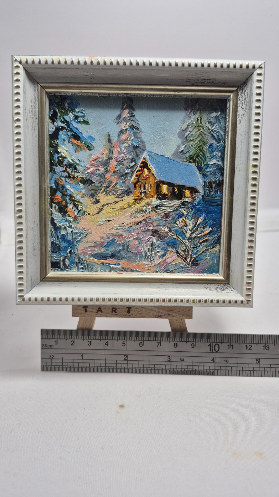 original oil painting in a frame. winter landscape cottage in the forest. 4х4