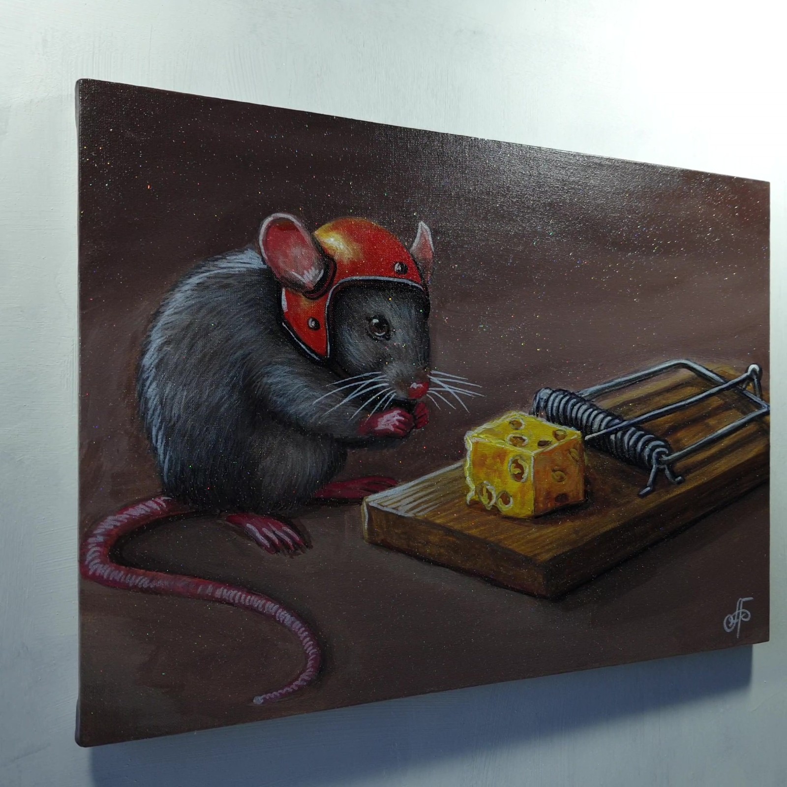 Brave Little Mouse and the Cheese Trap Funny Animal Painting Ukraine Artist