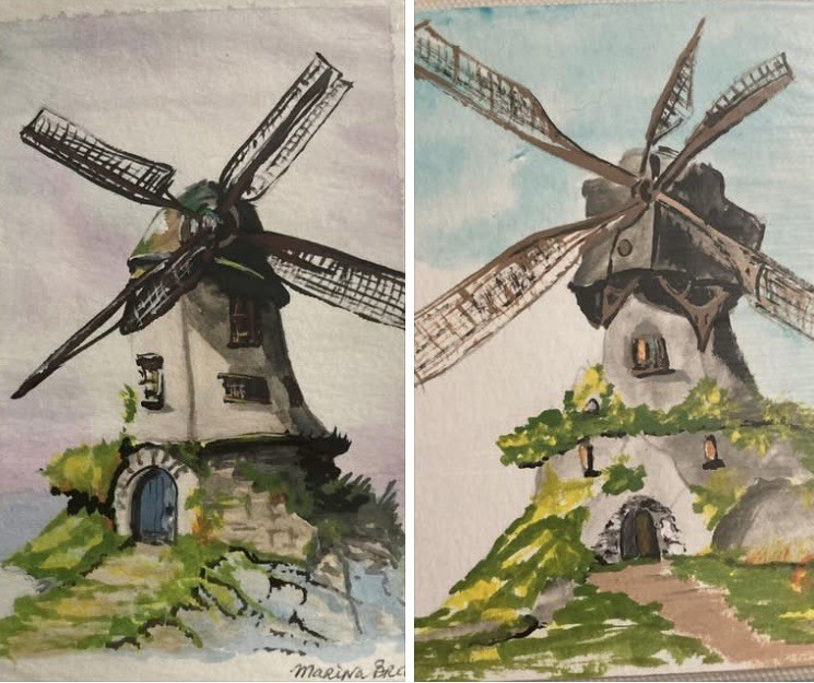 Bundle 2 pc Original Art. Windmills. Paper.4×5 inches Each.Signed.Free Shipping