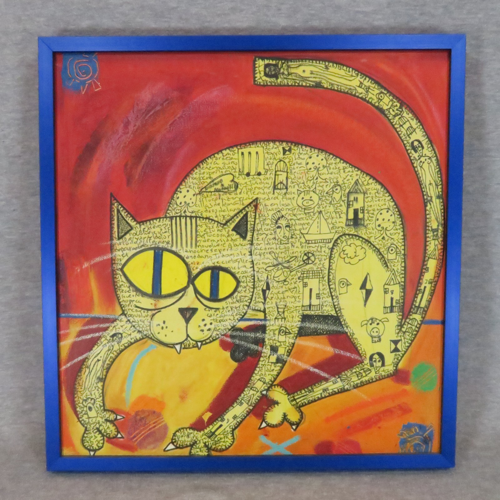 Gustavo Araya Gato Oil Painting 2007 Framed Canvas Cat Colorful 12.5×12.5″