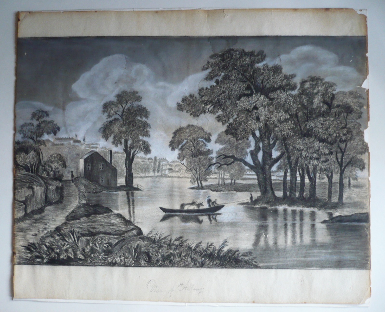 ANTIQUE OLD HISTORICAL NY PRIMITIVE FOLK ART, View Of Albany NEW YORK DRAWING